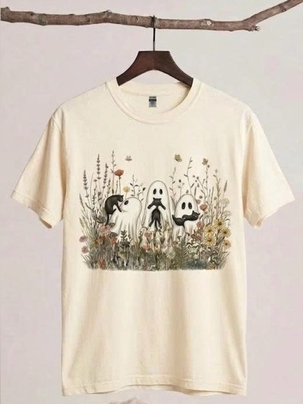 Vintage Ghost Wildflower Meadow Graphic Tee Cute Black Cat Fall T-Shirt Cream